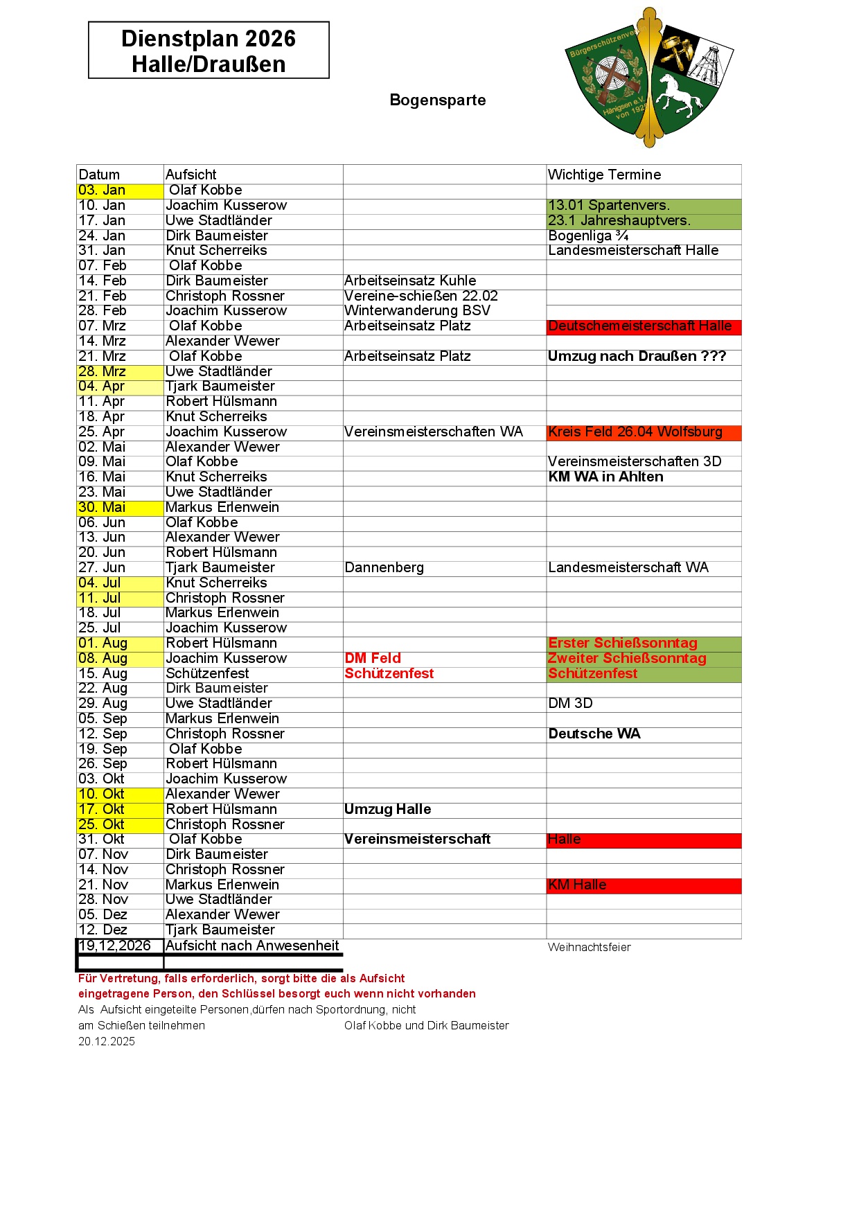 Dienstplan Bogensparte