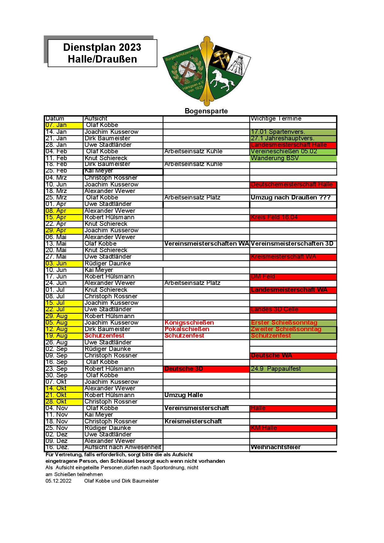 Dienstplan Bogensparte